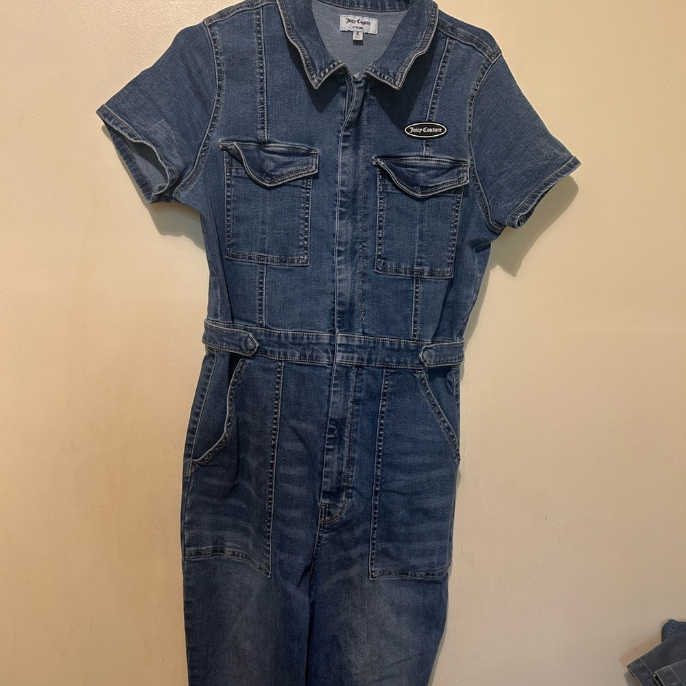 Juicy Couture Women’s Denim Jumpsuit Sz L Blue Stretch Y2K - Picture 7 of 16